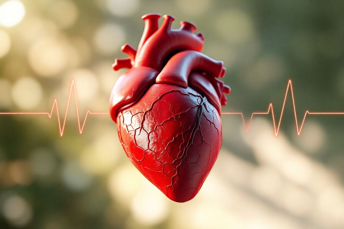 A stunning, photorealistic image of a human heart, intricately detailed and anatomically accurate, set against a soft, blurred background that evokes a sense of calm. The heart is depicted in rich red hues, highlighting the intricate network of veins and arteries that weave around it. Surrounding the heart are delicate, glowing lines representing electrical signals, pulsating gently to suggest the rhythm of a heartbeat. In the background, subtle representations of an electrocardiogram line can be faintly seen, symbolizing the heart’s rhythm. Soft, dappled light filters through, casting gentle shadows that enhance the three-dimensional quality of the heart. The overall composition conveys a sense of vitality and complexity, inviting viewers to appreciate the beauty of human anatomy while subtly hinting at the importance of heart health and the intricacies of arrhythmias. The image balances realism with an artistic touch, making it both visually striking and conceptually relevant to discussions about heart conditions and their impact on health.