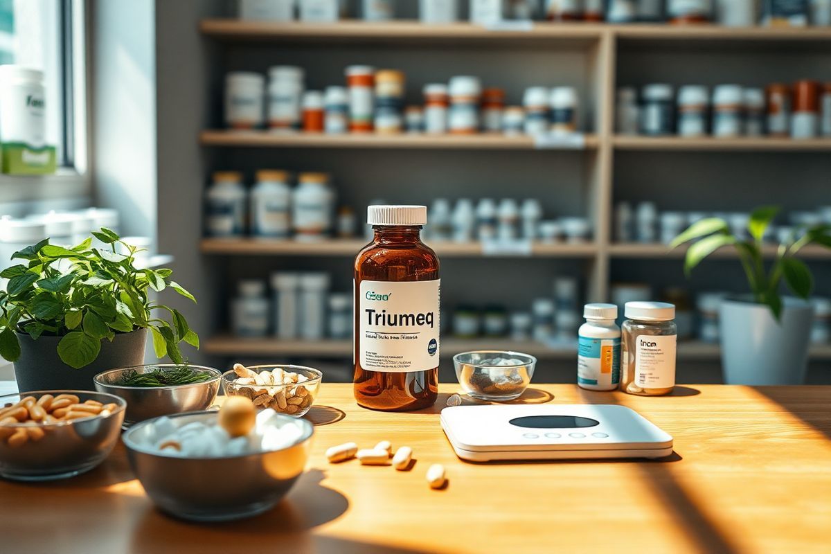 A serene and well-lit pharmacy setting featuring a wooden countertop adorned with a variety of medication bottles, including a prominently displayed pill bottle labeled “Triumeq.” Surrounding the bottle are small bowls containing herbal supplements like St. John’s Wort, along with a few metallic containers of iron and calcium tablets. In the background, shelves lined with neatly organized prescription medications are visible, along with a potted green plant adding a touch of life to the space. Soft natural light filters through a nearby window, casting gentle shadows and creating a warm, inviting atmosphere. A small, modern digital scale rests on the counter next to the Triumeq bottle, hinting at the importance of precise dosage. The overall composition exudes a sense of care and professionalism, highlighting the significance of medication safety and the need for open communication between patients and healthcare providers. The colors are rich and harmonious, offering a realistic yet calming environment that emphasizes health and well-being.