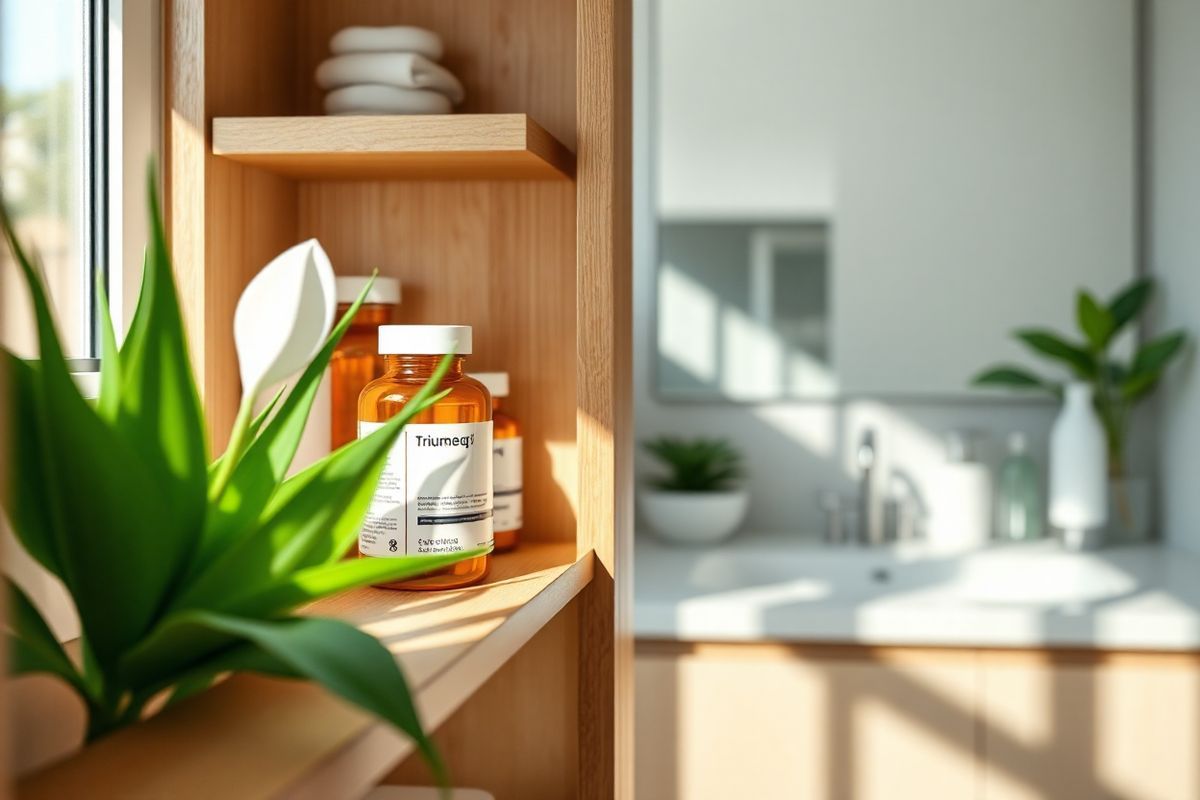 A photorealistic image capturing a serene and inviting scene in a modern medicine cabinet. The cabinet is made of sleek, minimalist wood with a soft, warm finish. On the shelves, there are several neatly arranged bottles of prescription medications, including a prominent bottle of Triumeq, its label facing outward but without any text. Next to it, there are vibrant green plants, such as aloe vera and peace lilies, symbolizing health and vitality. Soft, natural light streams in through a nearby window, casting gentle shadows and highlighting the textures of the wood and the glossy surfaces of the bottles. In the background, a blurred view of a well-organized bathroom counter can be seen, with additional health-related items like a digital thermometer and a stylish water bottle, all contributing to a tranquil and health-focused environment. The color palette consists of soft whites, earthy tones, and lush greens, creating a calming atmosphere that emphasizes a commitment to wellness and self-care.