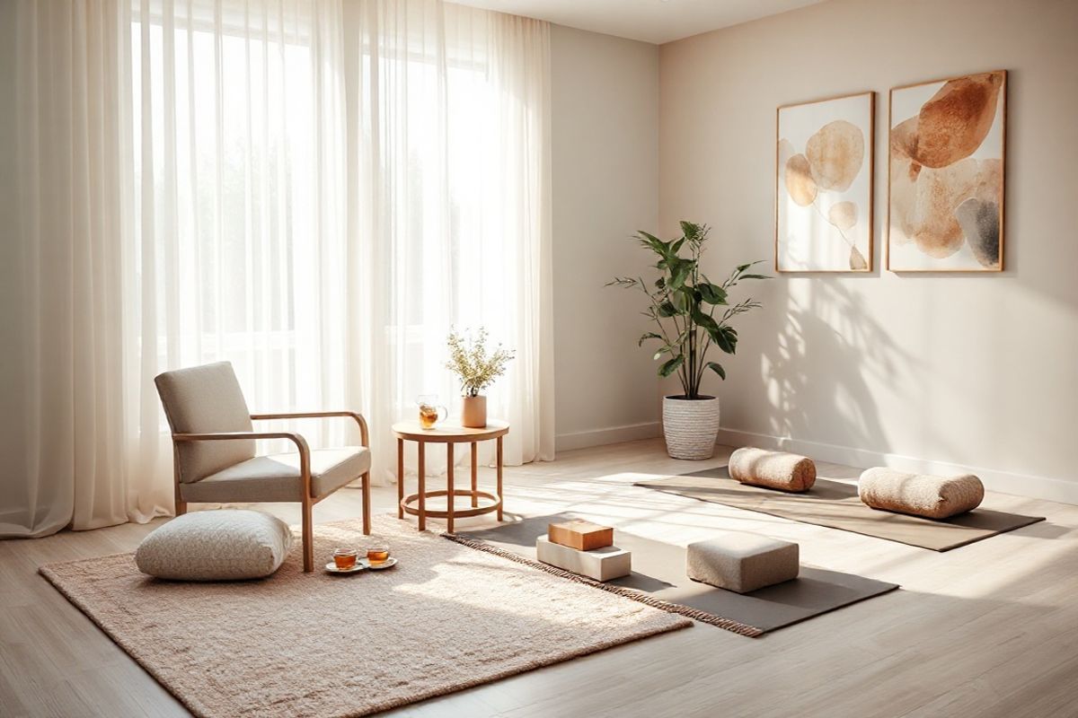 A serene and inviting scene of a softly lit therapy room dedicated to pelvic floor health and wellness. The room features a plush, neutral-toned mat on the floor, surrounded by gentle, natural light streaming in through large windows adorned with sheer, flowing curtains. In one corner, a comfortable therapist’s chair is positioned next to a small table with a selection of calming herbal teas and a soothing water pitcher. On the opposite side, a yoga mat is laid out, accompanied by various props like a bolster and blocks, suggesting a space for relaxation and physical therapy. The walls are painted in soothing pastel hues, decorated with abstract art that evokes a sense of tranquility and healing. A large potted plant adds a touch of greenery, symbolizing vitality and growth. Soft instrumental music notes can almost be felt in the air, enhancing the atmosphere of peace and wellness. The overall composition reflects a holistic approach to health, emphasizing comfort, support, and the journey towards recovery from pelvic floor dysfunction and bladder pain.