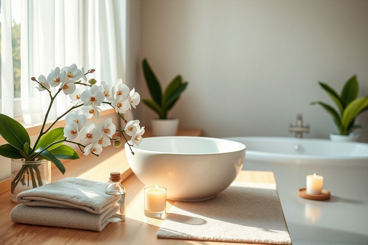 A serene, softly lit bathroom scene exuding tranquility and comfort. The focal point is a stylish, modern vessel sink made of smooth white porcelain, surrounded by natural wood accents. Delicate, fresh white orchids bloom gracefully nearby, adding a touch of elegance and calmness. A plush, light gray bath mat lies beneath the sink, inviting relaxation. On the countertop, a small, clear glass bottle filled with soothing lavender oil rests beside a lit candle, casting a warm, flickering glow. The walls are adorned with soft, muted tones, creating a peaceful atmosphere. A large window allows gentle sunlight to filter through sheer white curtains, illuminating the space with a warm, golden hue. In the background, hints of lush greenery from potted plants peek through, bridging the indoor-outdoor connection and enhancing the feeling of serenity. The overall composition invites a sense of calm and healing, perfectly embodying the essence of self-care and comfort, aligning with the themes of managing bladder pain syndrome and pelvic floor dysfunction.