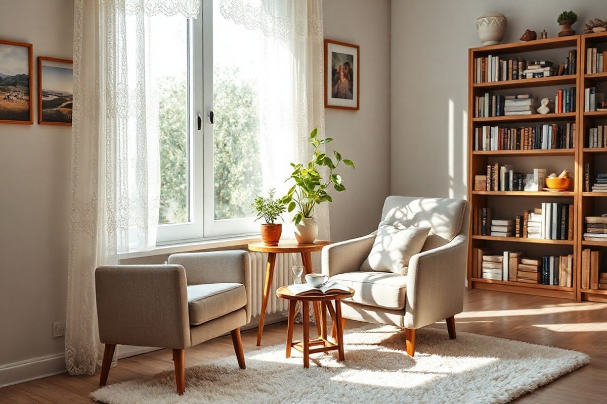 A serene and inviting scene unfolds in a well-lit room designed for comfort and relaxation. In the foreground, a cozy armchair upholstered in soft, muted fabric is positioned beside a small wooden side table adorned with a steaming cup of herbal tea and an open book, suggesting a moment of tranquility. Natural light streams through a large window, casting gentle shadows and illuminating the delicate lace curtains that flutter slightly with a soft breeze.   On the walls, framed photographs of landscapes and family gatherings evoke a sense of nostalgia and warmth. A vibrant indoor plant with lush green leaves sits in a stylish ceramic pot on the windowsill, adding a touch of life to the space. The floor is covered with a plush, cream-colored rug that invites bare feet to sink into its softness. In the background, a bookshelf filled with well-loved volumes and knick-knacks reflects a life rich in stories and experiences. This comforting atmosphere encapsulates the essence of home, emphasizing the importance of a nurturing space for relaxation and reflection amidst life’s complexities.