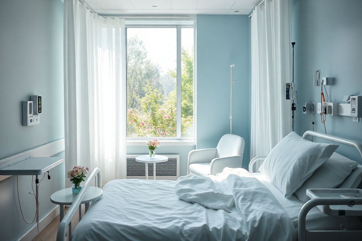 A serene hospital room bathed in soft, natural light filtering through sheer white curtains. The room is tastefully decorated with calming colors, featuring light blue walls and a cozy, neatly made hospital bed with crisp white linens. On a small bedside table, there is a delicate vase holding fresh flowers, adding a touch of warmth and life to the sterile environment. A large window reveals a peaceful view of a garden filled with vibrant greenery and blooming flowers, symbolizing hope and healing. In the corner, a comfortable chair is positioned for visitors, inviting family members to sit and engage in supportive conversation. Subtle medical equipment, such as a heart monitor and IV stand, are present but unobtrusive, emphasizing the balance between medical care and comfort. The overall ambiance conveys a sense of tranquility and resilience, reflecting the journey of patients navigating their hospital stays and the complex emotions that accompany healthcare experiences. This image encapsulates the duality of medical necessity and the importance of emotional well-being, resonating with the themes of coverage gaps and patient experiences in the healthcare system.