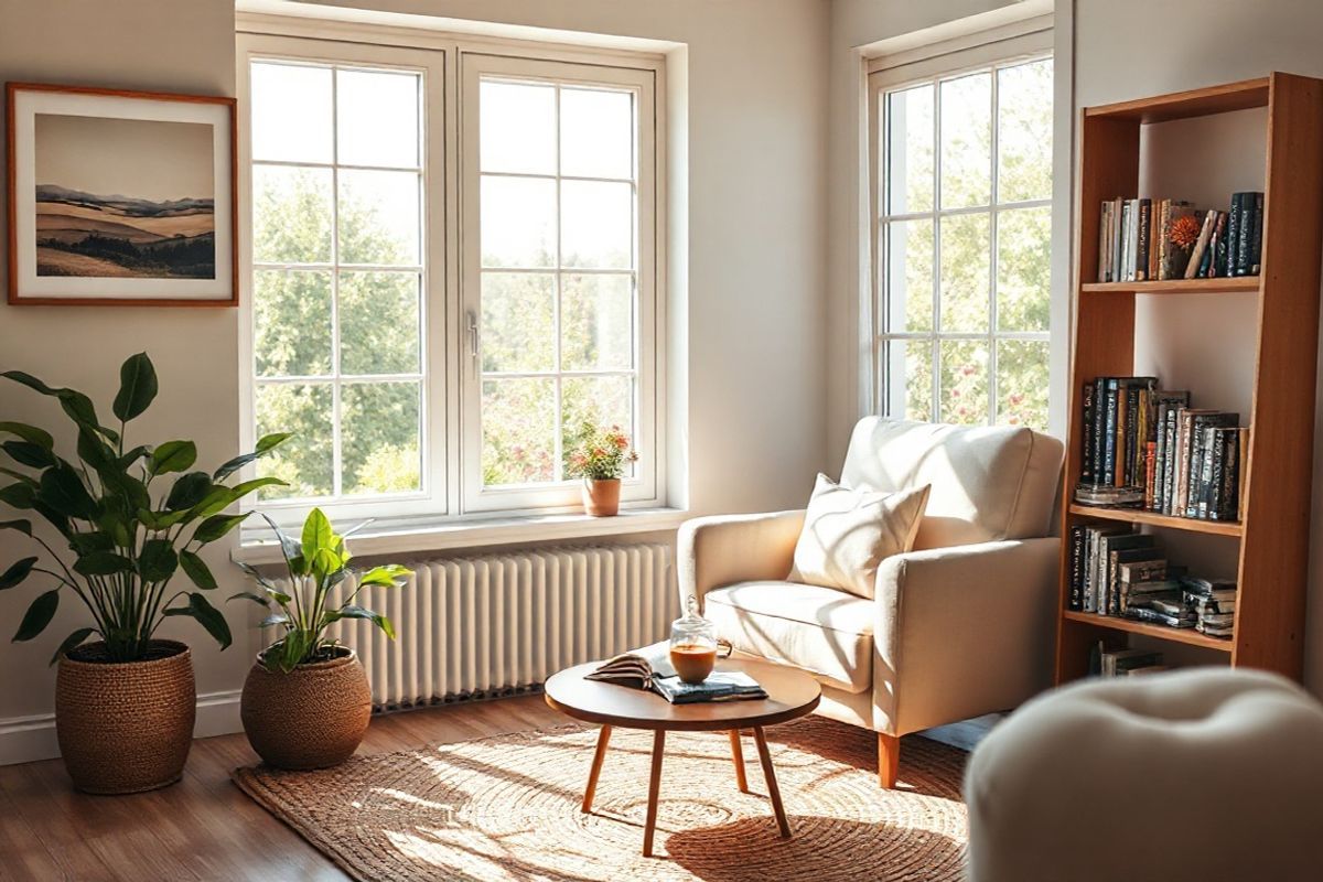 A serene and inviting scene captures a cozy living room, bathed in warm, natural light streaming through large, airy windows. The focal point is a comfortable, plush armchair upholstered in soft, light-colored fabric, positioned near a coffee table adorned with a steaming cup of herbal tea and an open book. To the left, a lush green potted plant adds a touch of nature, while on the right, a small bookshelf is filled with neatly arranged books on health and wellness. The walls are painted in soft pastel hues, and framed artwork depicting tranquil landscapes hangs at eye level. A woven rug in subtle earth tones lies beneath the furniture, enhancing the room’s warmth. In the background, a glimpse of a sunny garden with blooming flowers is visible through the windows, creating a sense of connection to the outdoors. This peaceful environment reflects a sense of comfort and well-being, symbolizing the importance of understanding and navigating healthcare options, making it an ideal visual accompaniment to discussions about Medicare and health coverage.