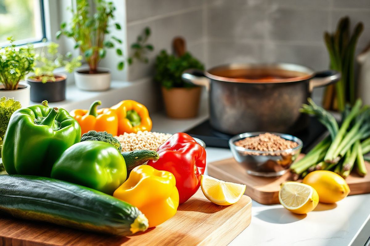 A beautifully arranged kitchen countertop showcases an array of fresh, colorful ingredients ideal for healthy cooking. In the foreground, a wooden cutting board is adorned with vibrant bell peppers, zucchini, and broccoli, their textures glistening under soft, natural light. Nearby, a bowl of rinsed quinoa sits next to a bunch of fresh asparagus, and a few lemon wedges add a pop of yellow. A rustic pot filled with simmering lentil soup can be seen in the background, steam gently rising, creating a warm and inviting atmosphere. The countertops are decorated with various herbs in small pots, emphasizing the importance of fresh ingredients. The setting is cozy and well-organized, with a hint of greenery from a potted plant placed on the windowsill, allowing sunlight to pour in. The overall scene captures the essence of mindful cooking, reflecting a commitment to health and nutrition, and inspires a sense of community and connection through shared culinary experiences.