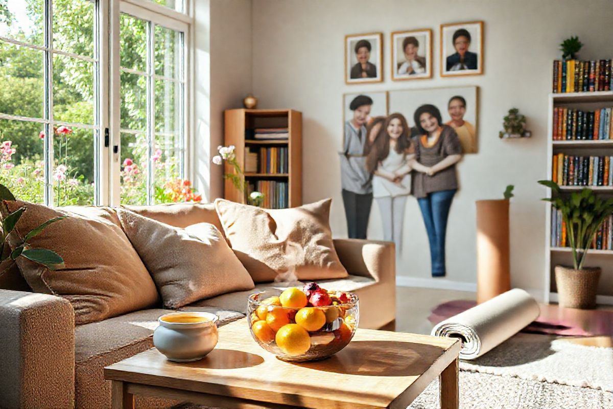 A cozy, inviting living space that embodies warmth and connection. The scene features a softly lit room with a comfortable sofa adorned with plush cushions in muted earth tones. A coffee table in front of the sofa is adorned with a vibrant bowl of fresh fruits and a steaming cup of herbal tea, symbolizing health and wellness. In the background, a large window reveals a serene garden filled with blooming flowers and lush greenery, allowing natural light to flood the room. On one wall, a collection of framed photographs showcases smiling individuals engaged in supportive group activities, reflecting community and shared experiences. A small bookshelf is filled with colorful books about health and wellness, while a yoga mat is neatly rolled up in one corner, indicating a space for mindfulness and relaxation. The overall atmosphere is one of tranquility and togetherness, perfectly capturing the essence of support and connection among individuals living with chronic conditions.